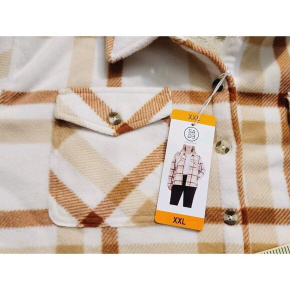 SAGE Women's XXL Plush Shirt Jacket Copper Rust Plaid Button Up Sherpa Lined NWT - Picture 7 of 9